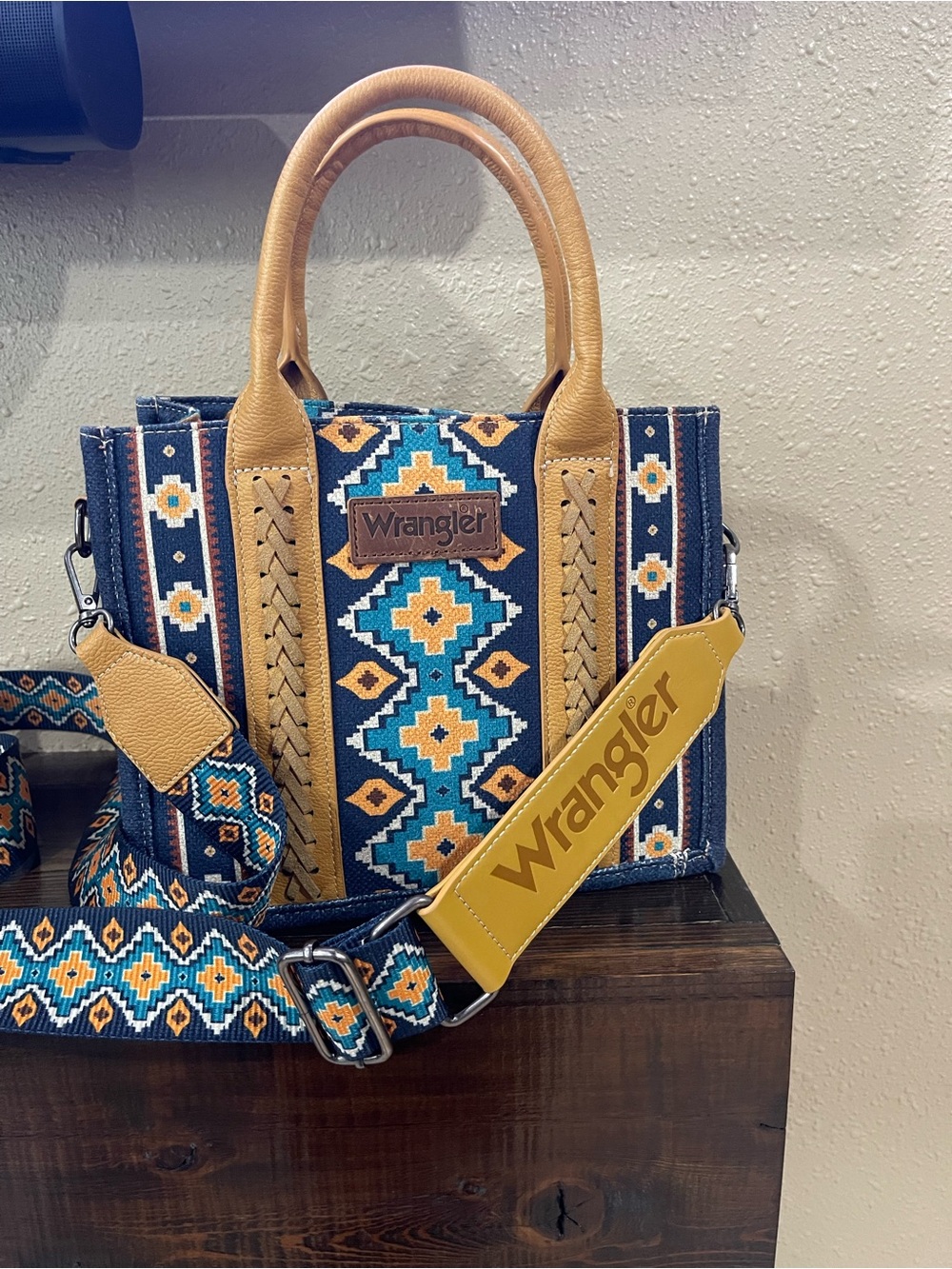 Wrangler Blue, Tan & Yellow Southwestern Tote with Detachable Strap